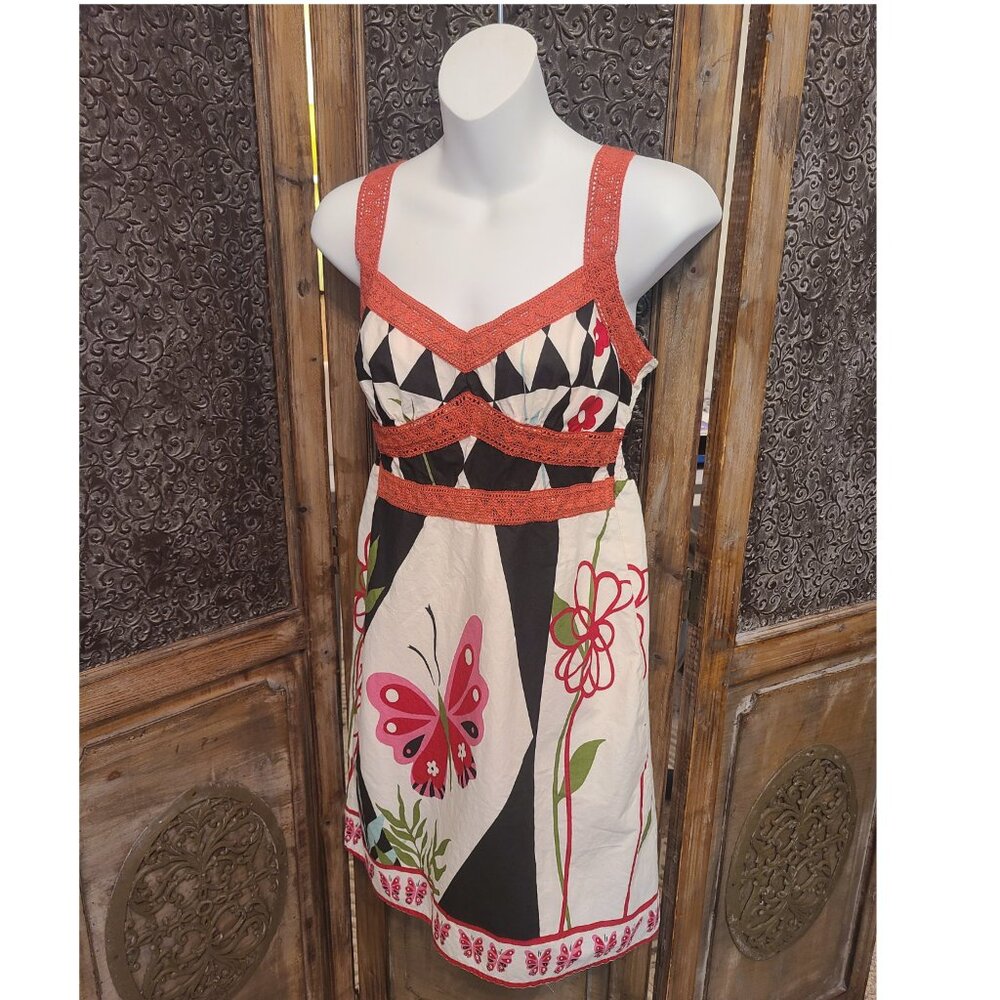 Boho Butterfly Print Sundress – Sleeveless with Crochet Trim – Size S